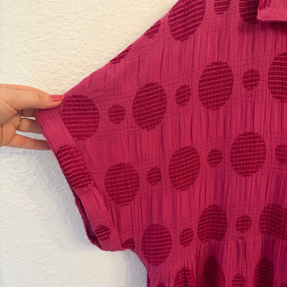 Umgee Tiered Babydoll Dress 1XL Mini Textured Polka Dot Dolman Boho Magenta Pink - Picture 5 of 10